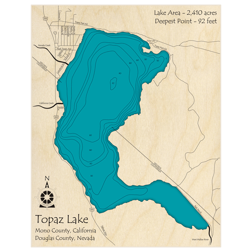Bathymetric topo map of Lake Topaz with roads, towns and depths noted in blue water