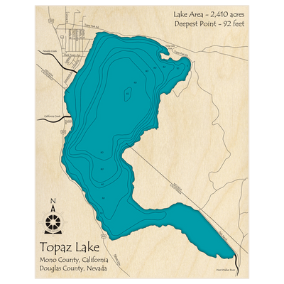 Bathymetric topo map of Lake Topaz with roads, towns and depths noted in blue water