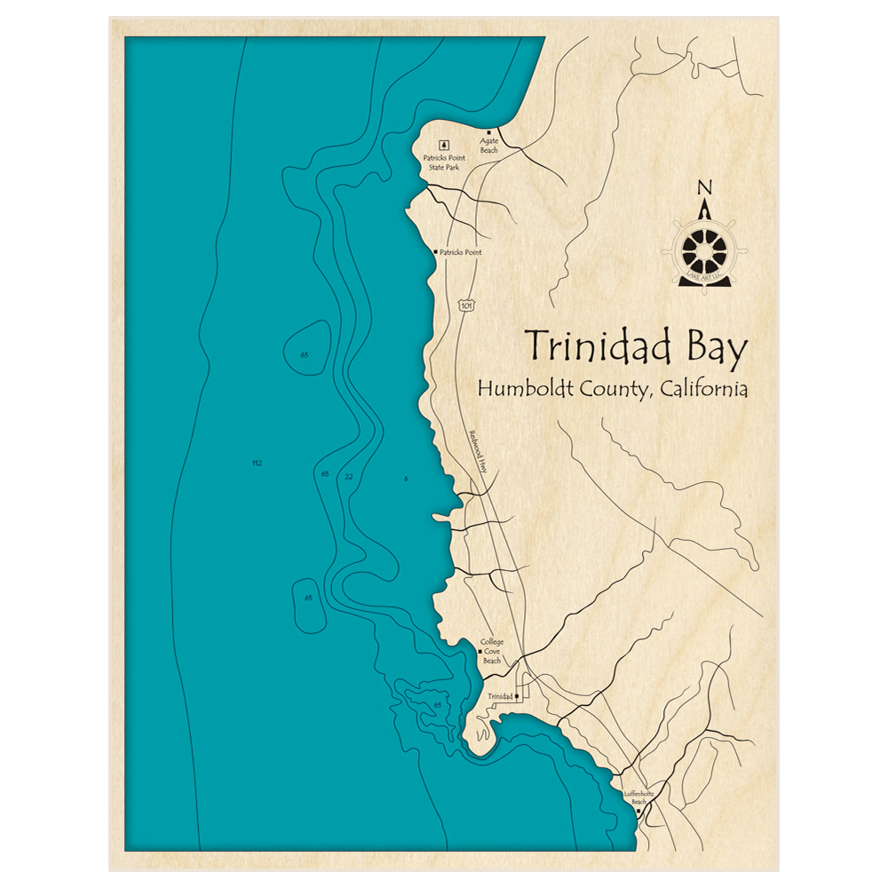Bathymetric topo map of Trinidad Bay with roads, towns and depths noted in blue water