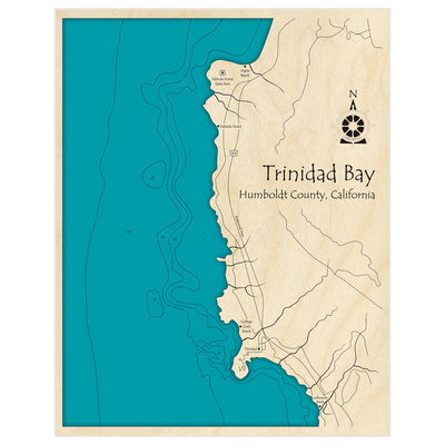 Bathymetric topo map of Trinidad Bay with roads, towns and depths noted in blue water