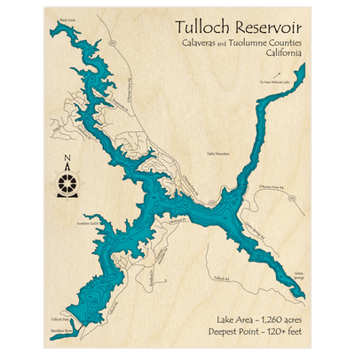 Bathymetric topo map of Tulloch Reservoir with roads, towns and depths noted in blue water