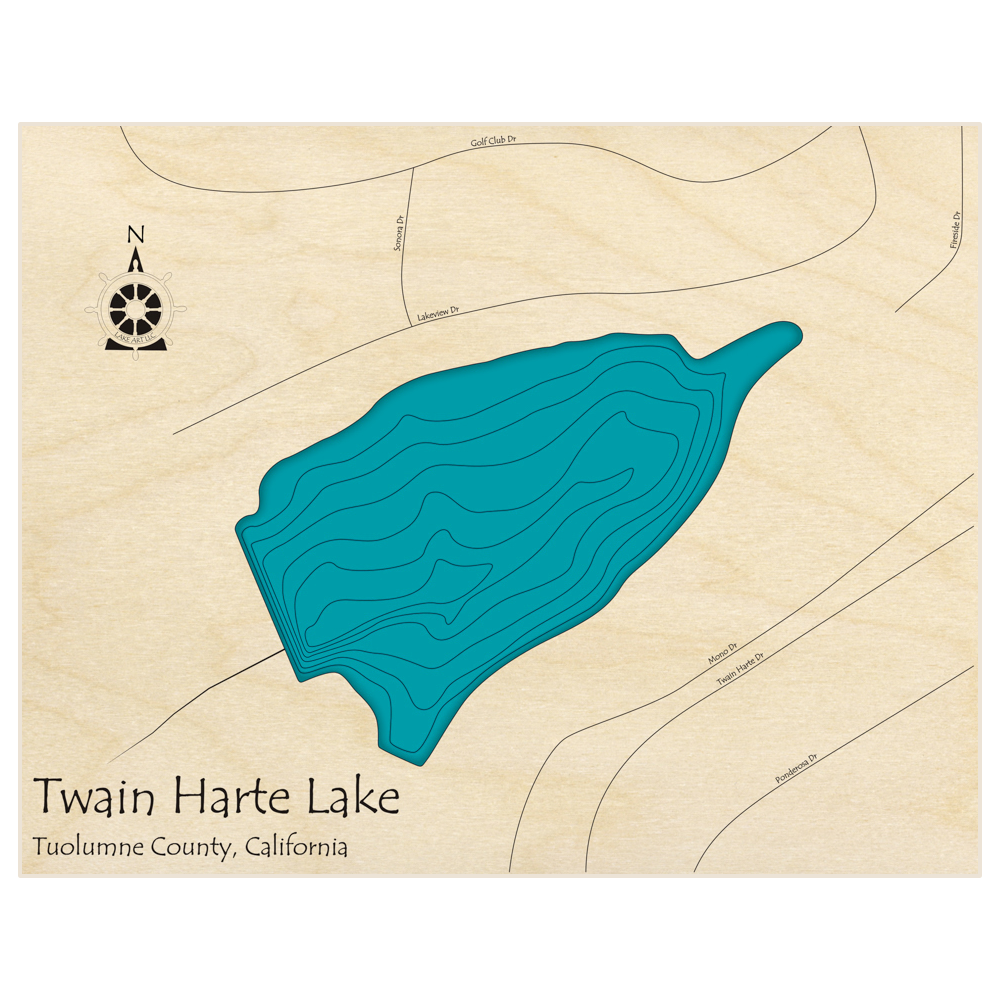 Bathymetric topo map of Twain Harte Lake  with roads, towns and depths noted in blue water