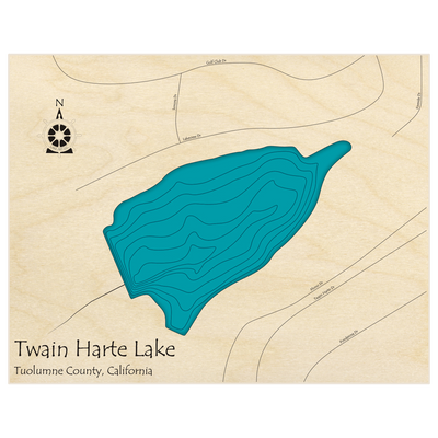 Bathymetric topo map of Twain Harte Lake  with roads, towns and depths noted in blue water