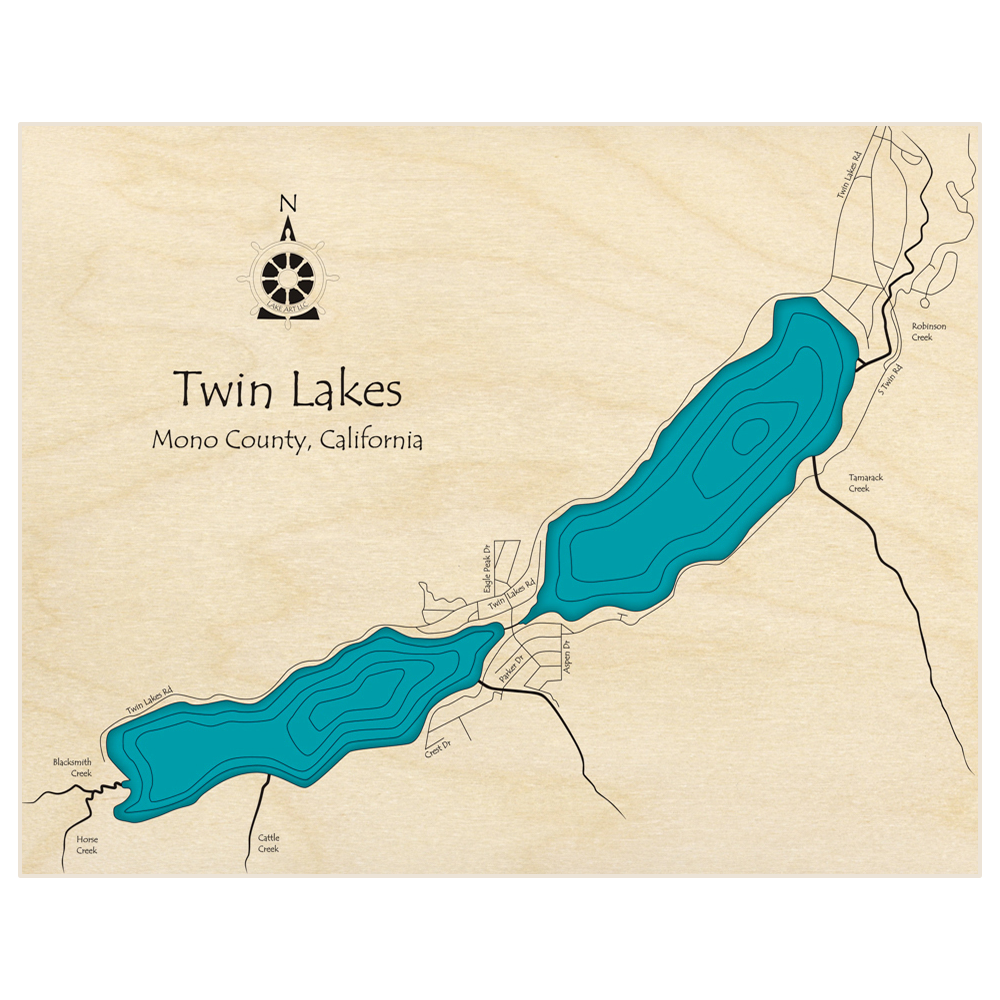 Bathymetric topo map of Twin Lakes (Near Bridgeport)  with roads, towns and depths noted in blue water