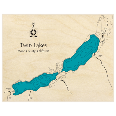 Bathymetric topo map of Twin Lakes (Near Bridgeport)  with roads, towns and depths noted in blue water