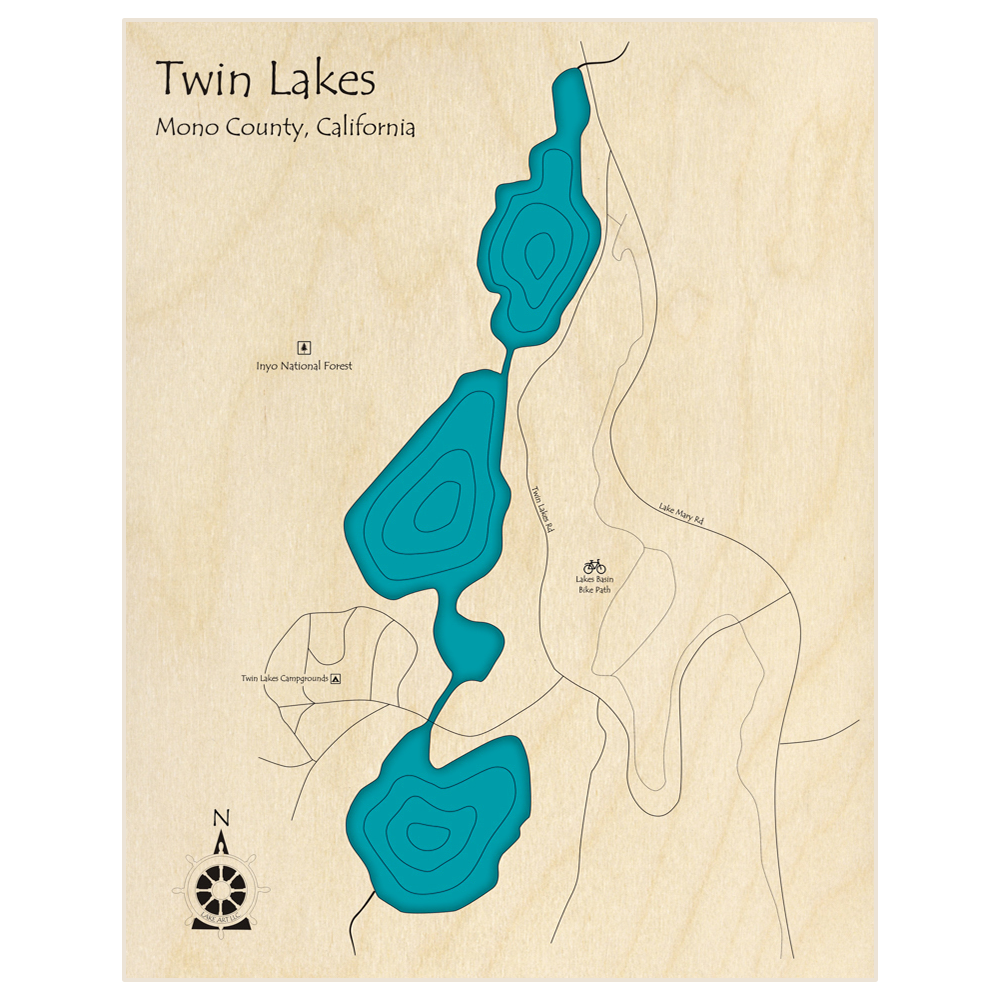 Bathymetric topo map of Twin Lakes (Near Mammoth)  with roads, towns and depths noted in blue water
