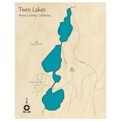 Bathymetric topo map of Twin Lakes (Near Mammoth)  with roads, towns and depths noted in blue water