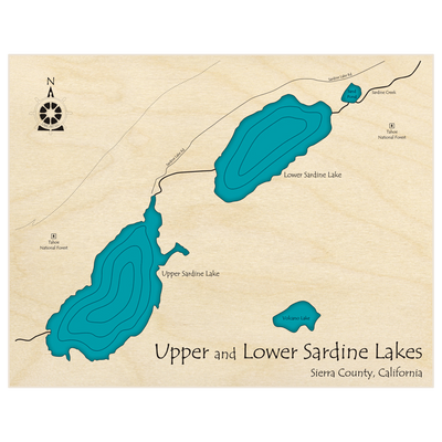 Bathymetric topo map of Upper and Lower Sardine Lakes  with roads, towns and depths noted in blue water