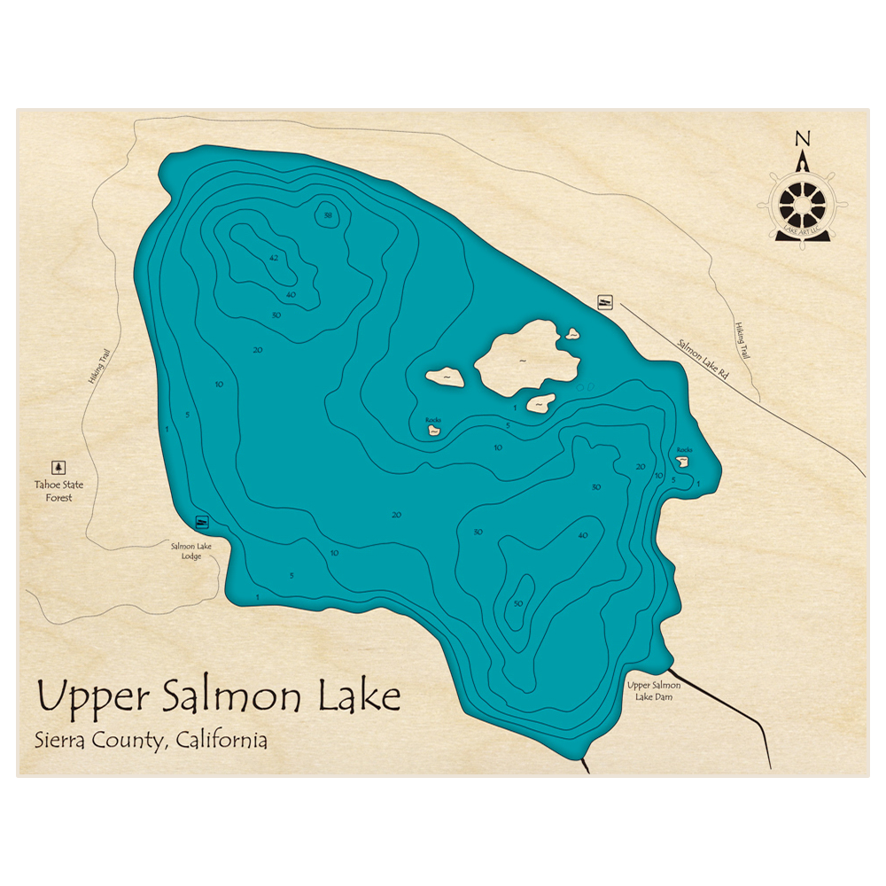 Bathymetric topo map of Upper Salmon Lake with roads, towns and depths noted in blue water