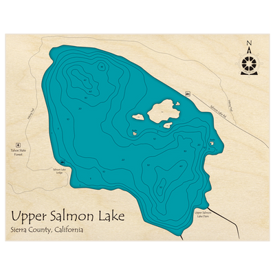 Bathymetric topo map of Upper Salmon Lake with roads, towns and depths noted in blue water