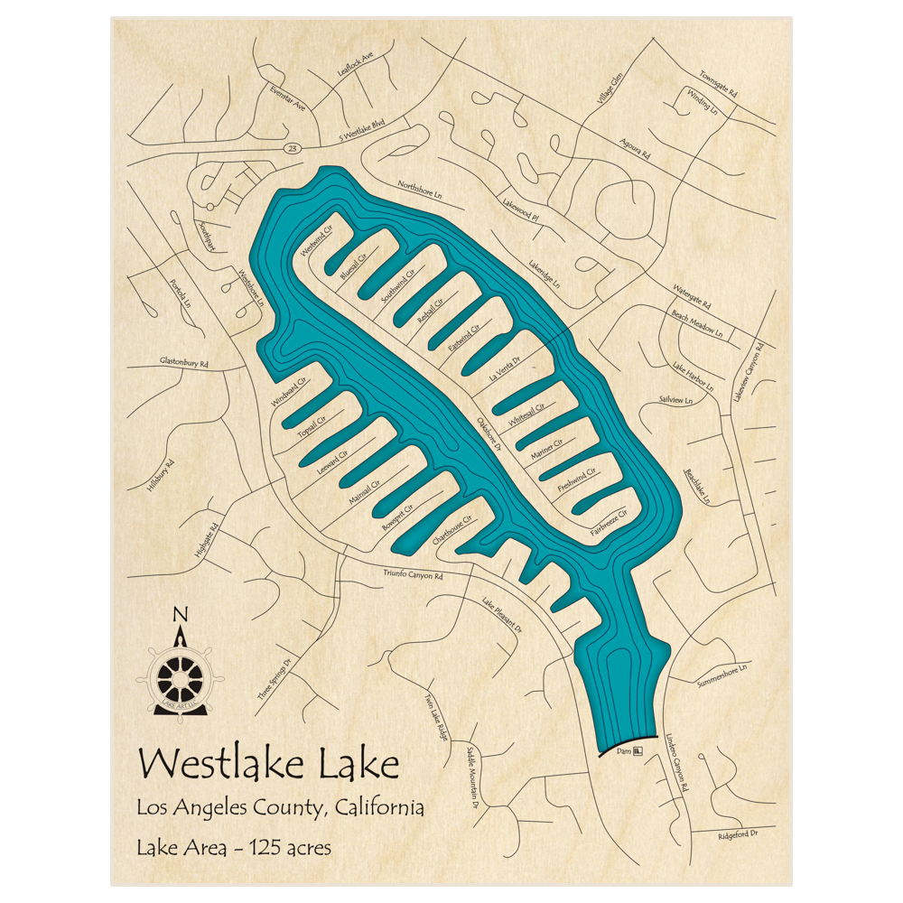 Bathymetric topo map of Westlake Lake  with roads, towns and depths noted in blue water