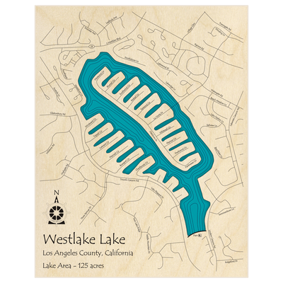 Bathymetric topo map of Westlake Lake  with roads, towns and depths noted in blue water