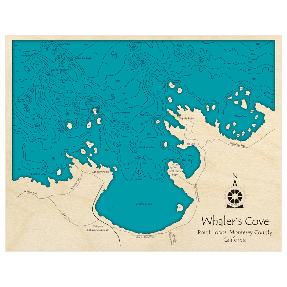 Bathymetric topo map of Whalers Cove on Point Lobos with roads, towns and depths noted in blue water