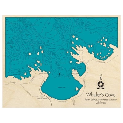 Bathymetric topo map of Whalers Cove on Point Lobos with roads, towns and depths noted in blue water