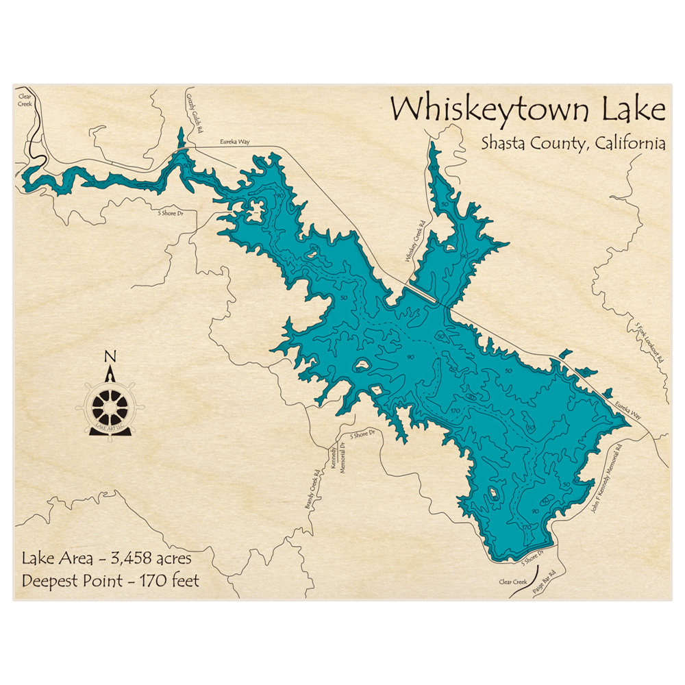 Bathymetric topo map of Whiskeytown Lake with roads, towns and depths noted in blue water