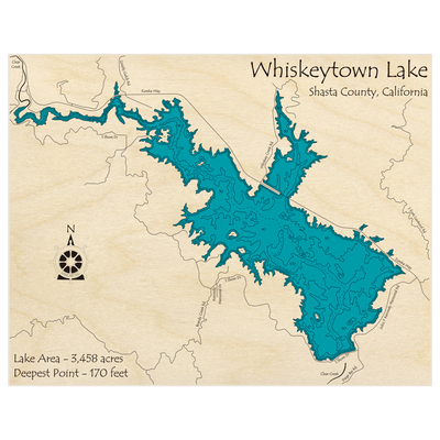 Bathymetric topo map of Whiskeytown Lake with roads, towns and depths noted in blue water