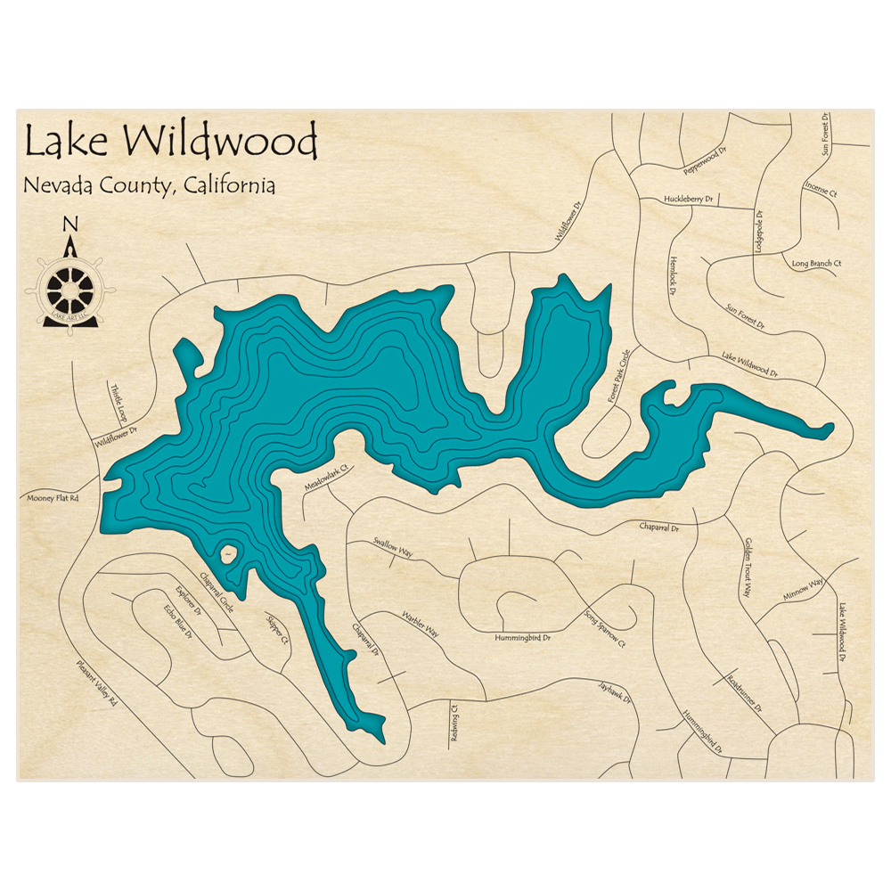 Bathymetric topo map of Lake Wildwood  with roads, towns and depths noted in blue water