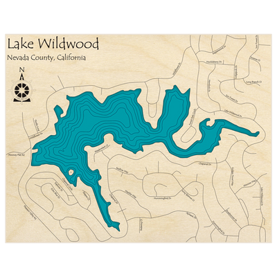 Bathymetric topo map of Lake Wildwood  with roads, towns and depths noted in blue water