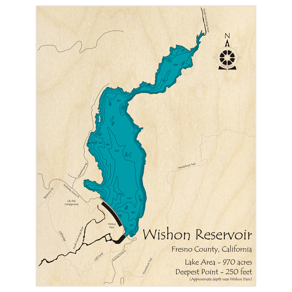 Bathymetric topo map of Wishon Reservoir with roads, towns and depths noted in blue water