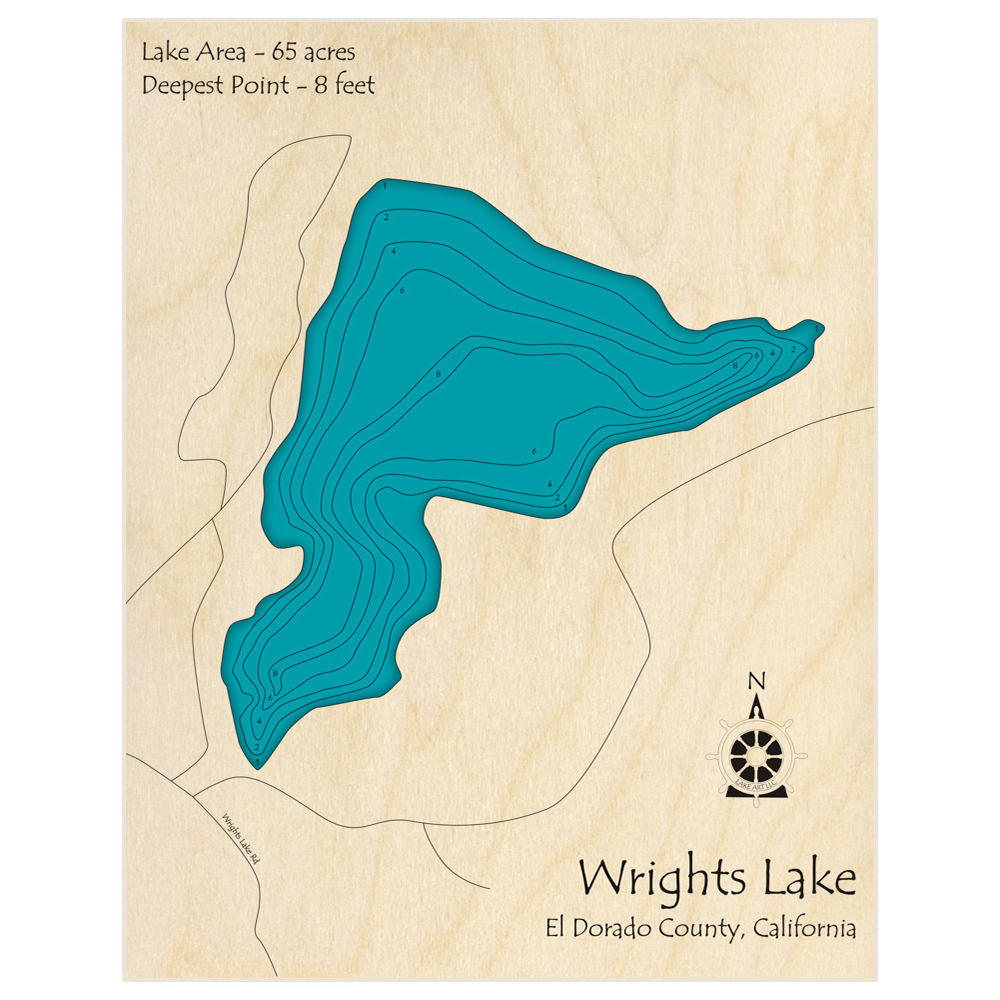 Bathymetric topo map of Wrights Lake with roads, towns and depths noted in blue water