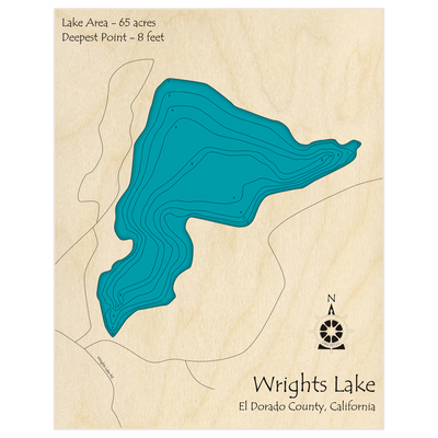 Bathymetric topo map of Wrights Lake with roads, towns and depths noted in blue water
