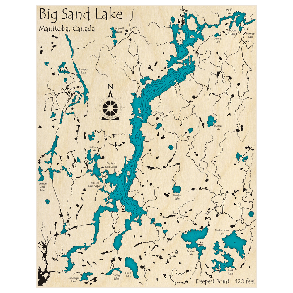 Bathymetric topo map of Big Sand Lake with roads, towns and depths noted in blue water