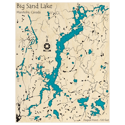 Bathymetric topo map of Big Sand Lake with roads, towns and depths noted in blue water