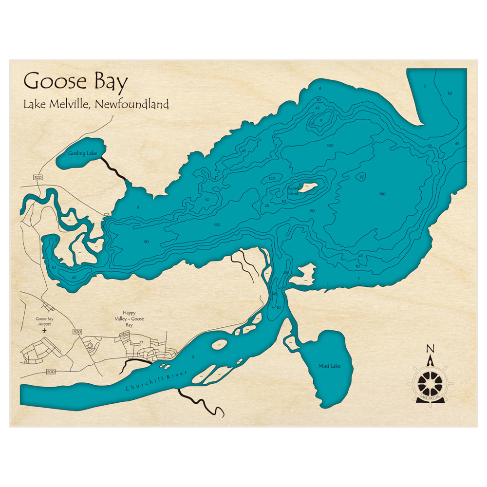 Bathymetric topo map of Goose Bay with roads, towns and depths noted in blue water