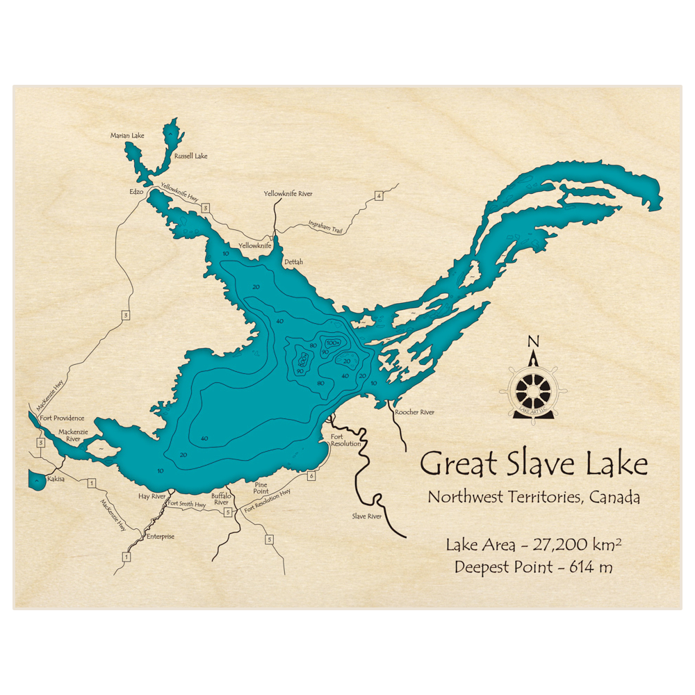 Bathymetric topo map of Great Slave Lake with roads, towns and depths noted in blue water