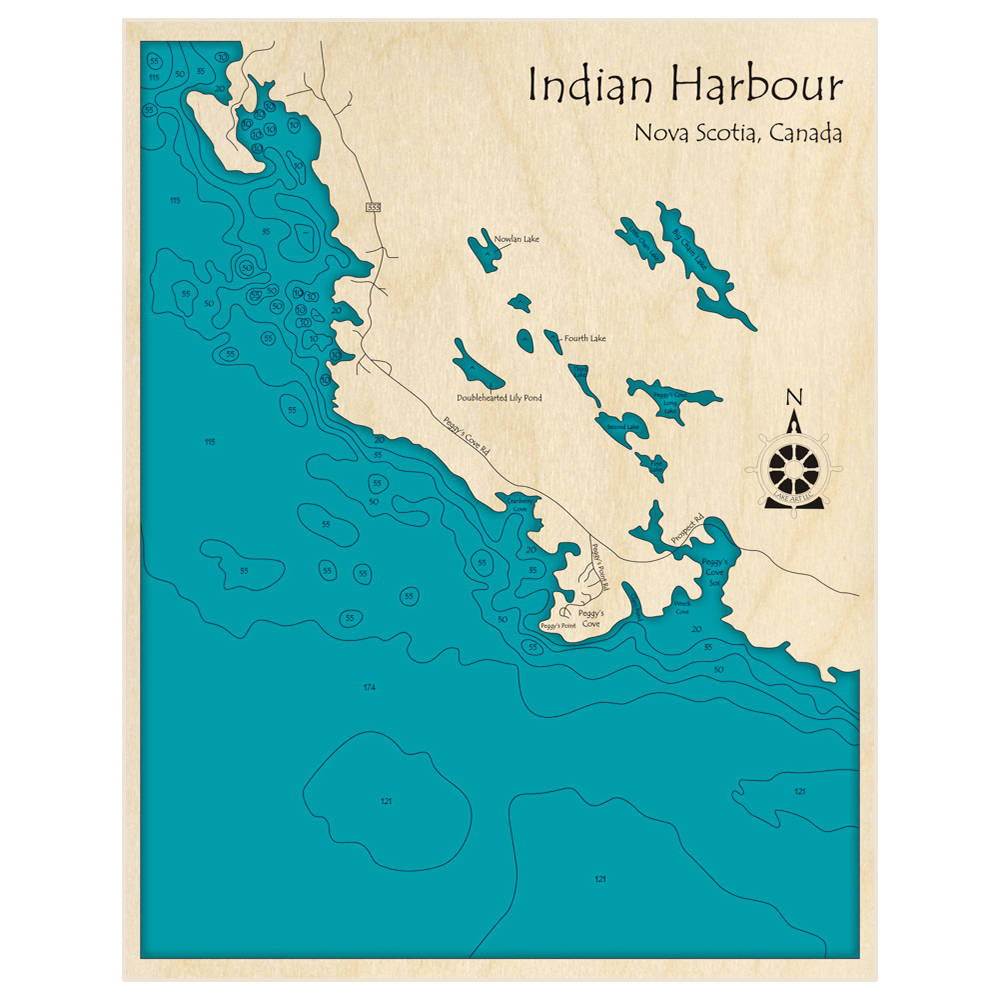 Bathymetric topo map of Indian Harbour with roads, towns and depths noted in blue water
