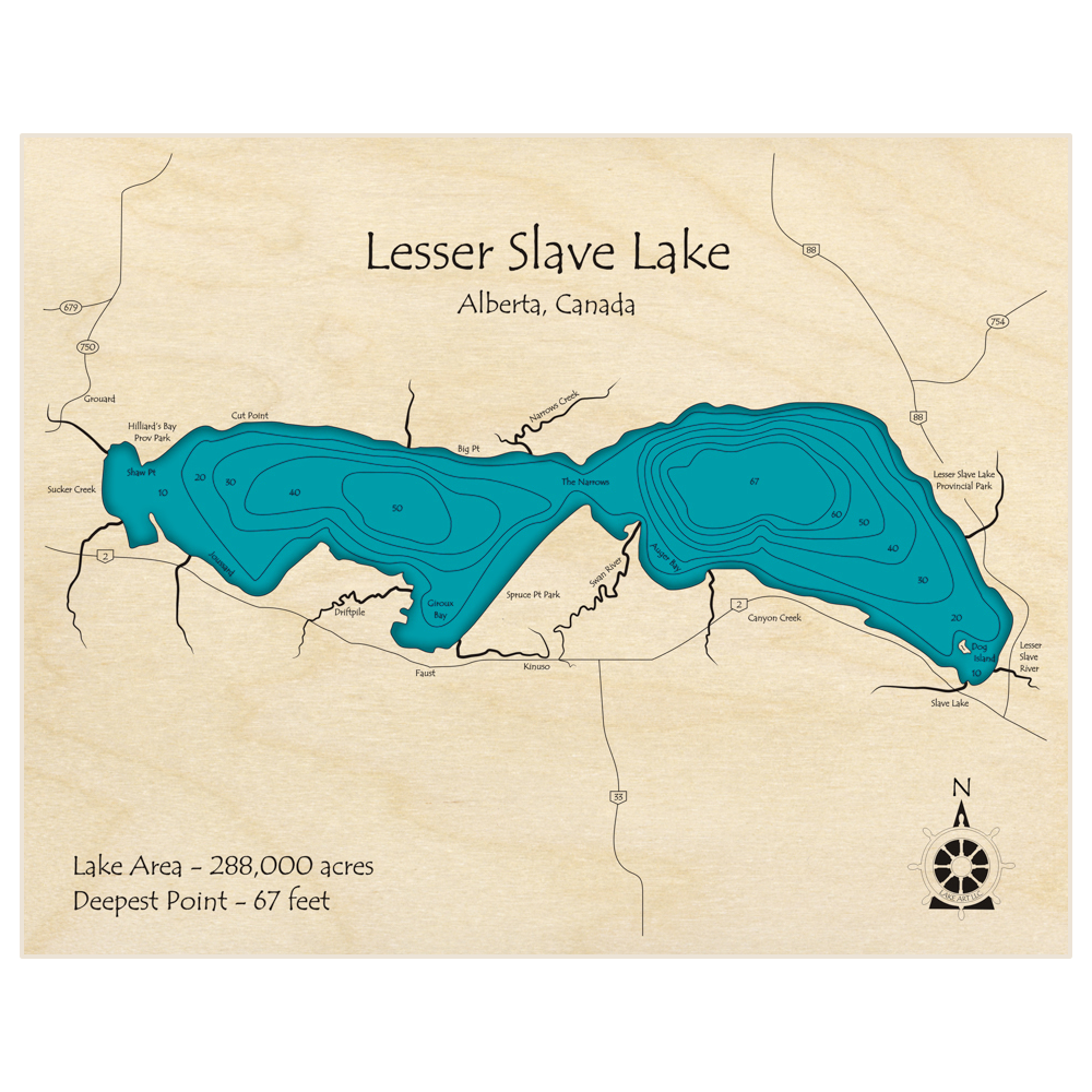 Bathymetric topo map of Lesser Slave Lake with roads, towns and depths noted in blue water