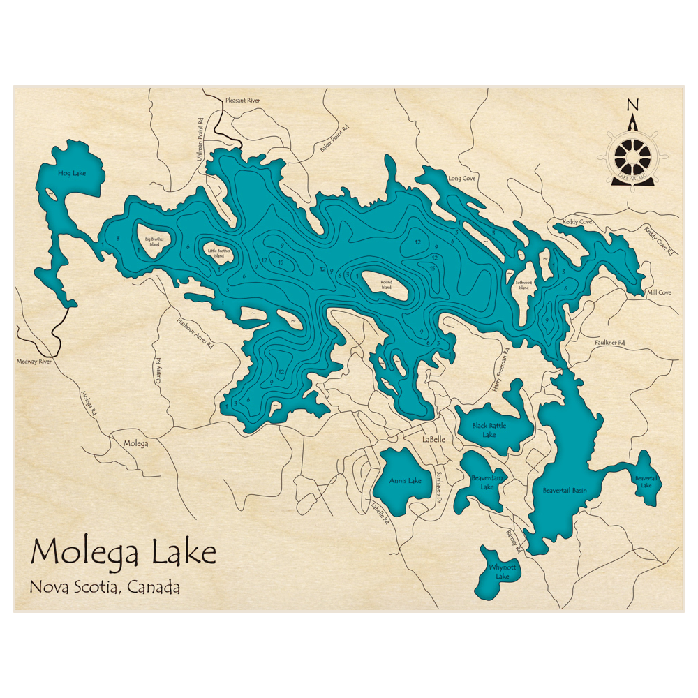 Bathymetric topo map of Molega Lake with roads, towns and depths noted in blue water