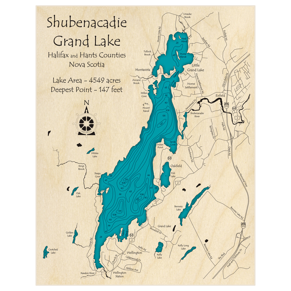 Bathymetric topo map of Shubenacadie Grand Lake with roads, towns and depths noted in blue water