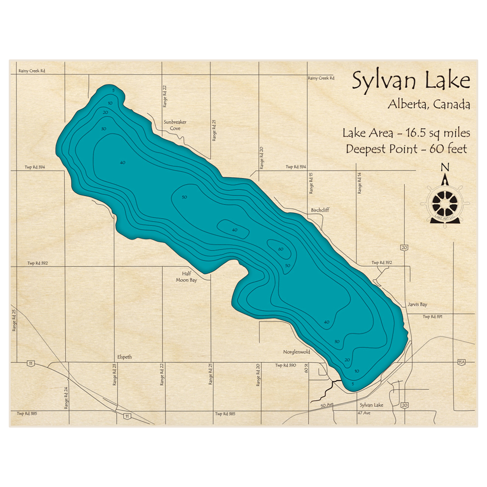 Bathymetric topo map of Sylvan Lake with roads, towns and depths noted in blue water