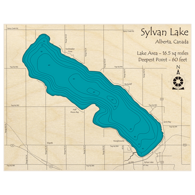Bathymetric topo map of Sylvan Lake with roads, towns and depths noted in blue water