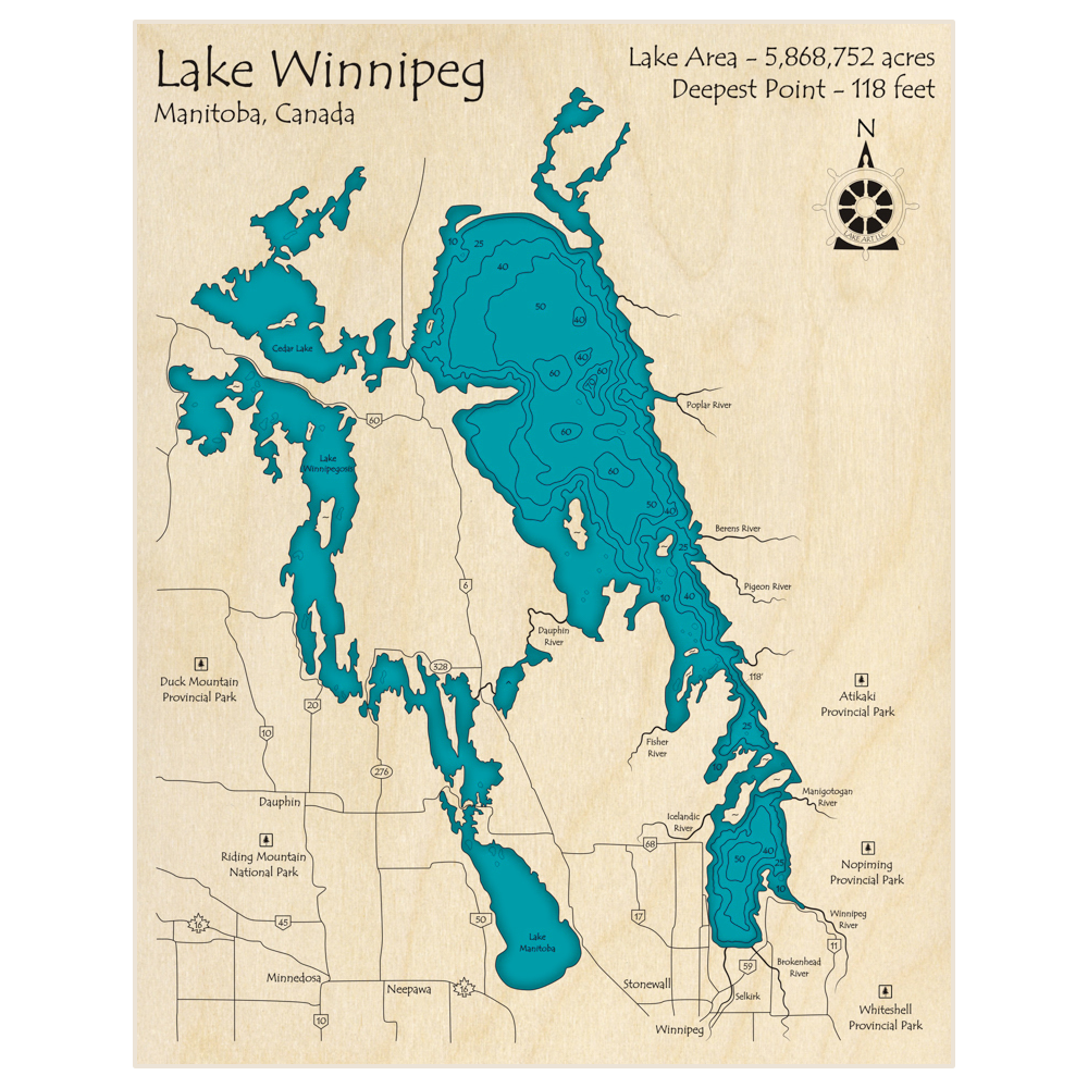 Bathymetric topo map of Lake Winnipeg with roads, towns and depths noted in blue water