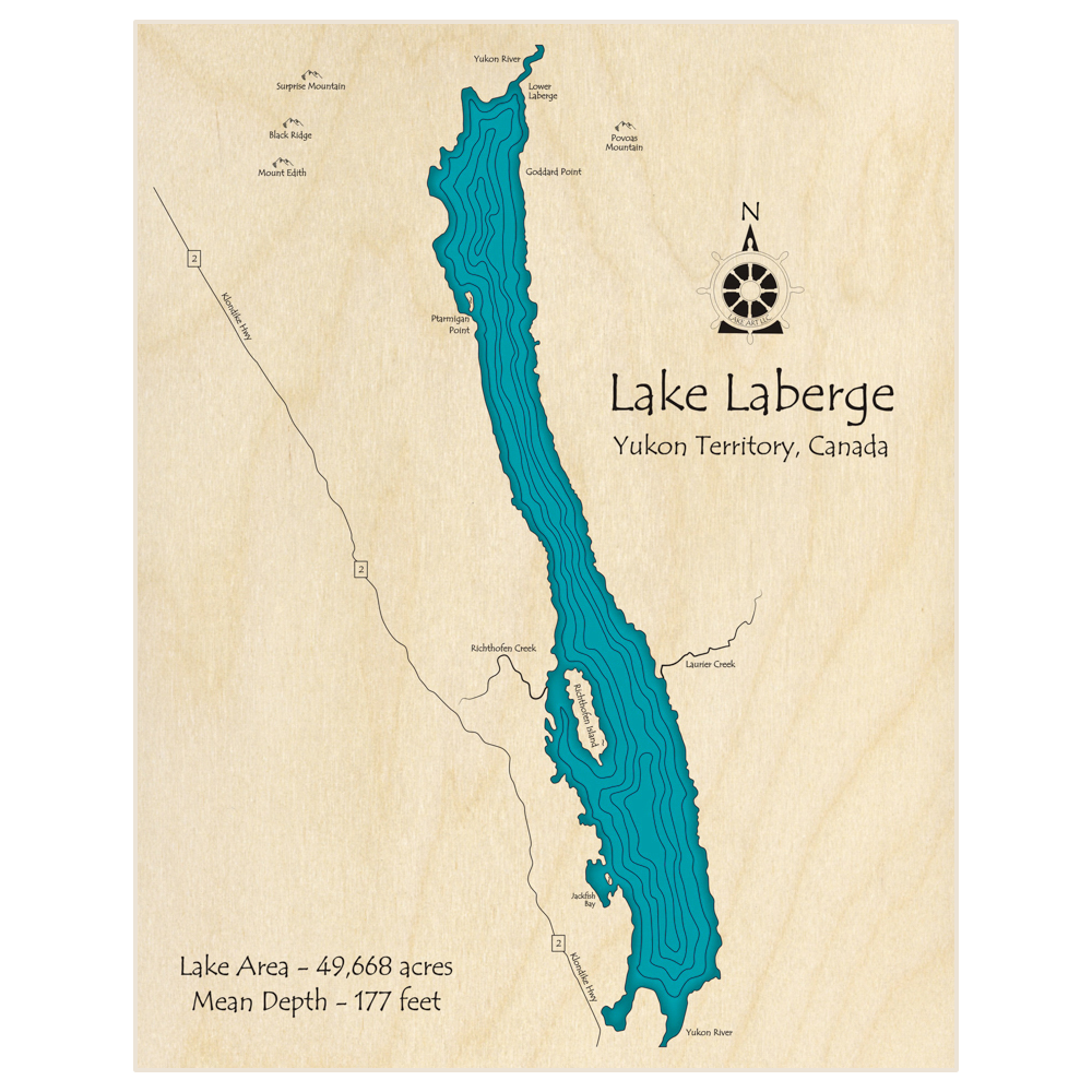 Bathymetric topo map of Lake Laberge  with roads, towns and depths noted in blue water