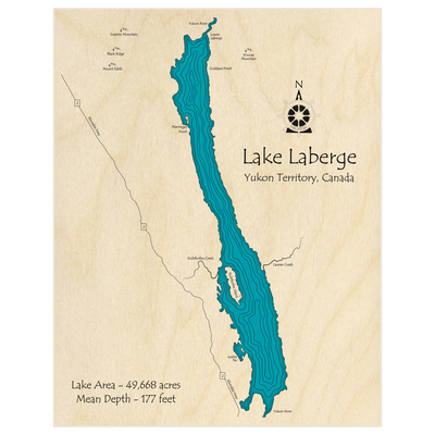 Bathymetric topo map of Lake Laberge  with roads, towns and depths noted in blue water