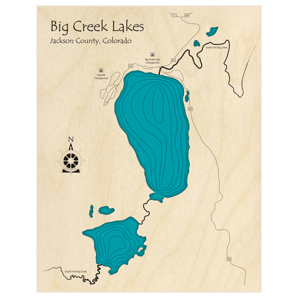 Bathymetric topo map of Big Creek Lakes  with roads, towns and depths noted in blue water