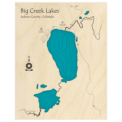 Bathymetric topo map of Big Creek Lakes  with roads, towns and depths noted in blue water