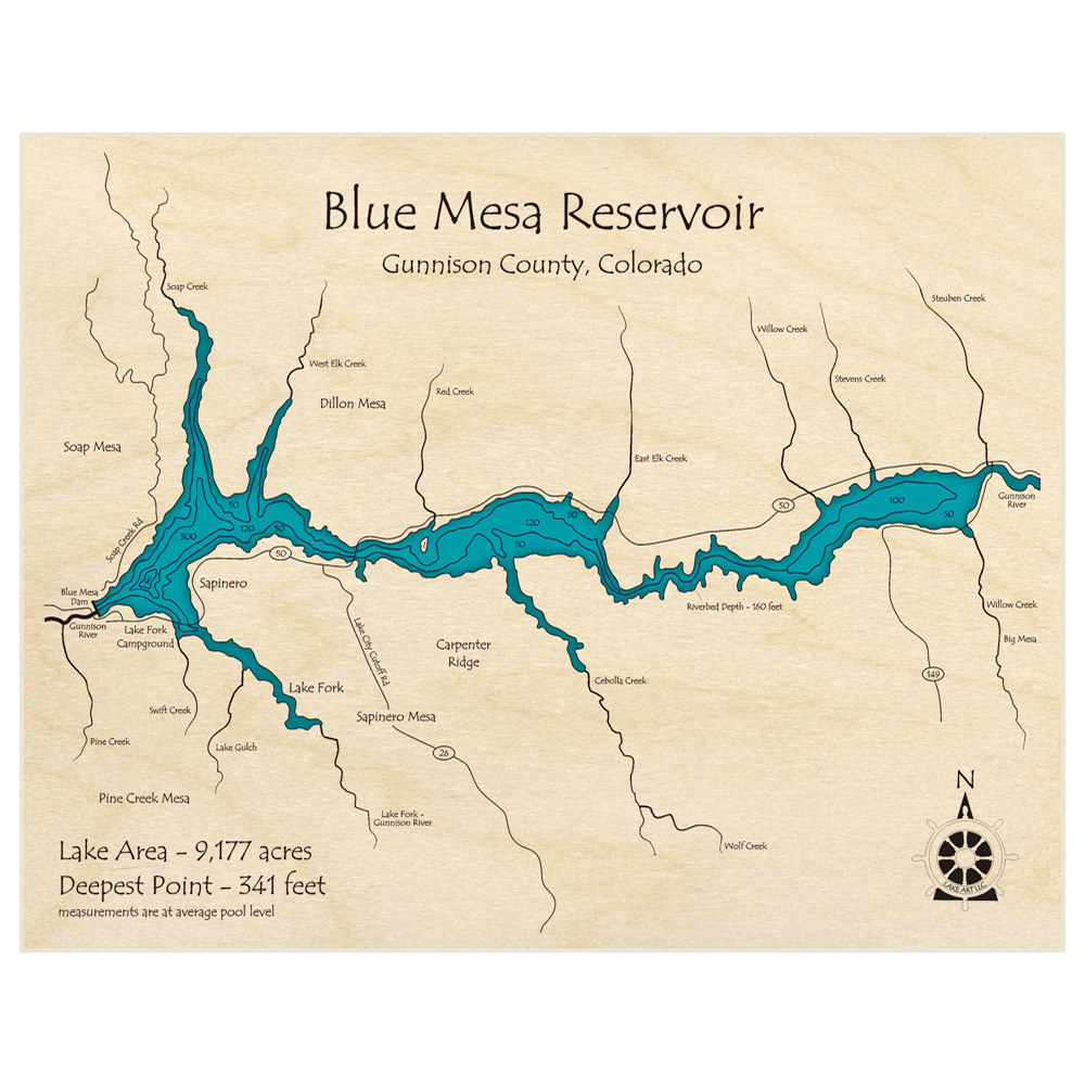 Bathymetric topo map of Blue Mesa Reservoir with roads, towns and depths noted in blue water