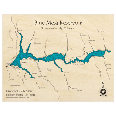 Bathymetric topo map of Blue Mesa Reservoir with roads, towns and depths noted in blue water