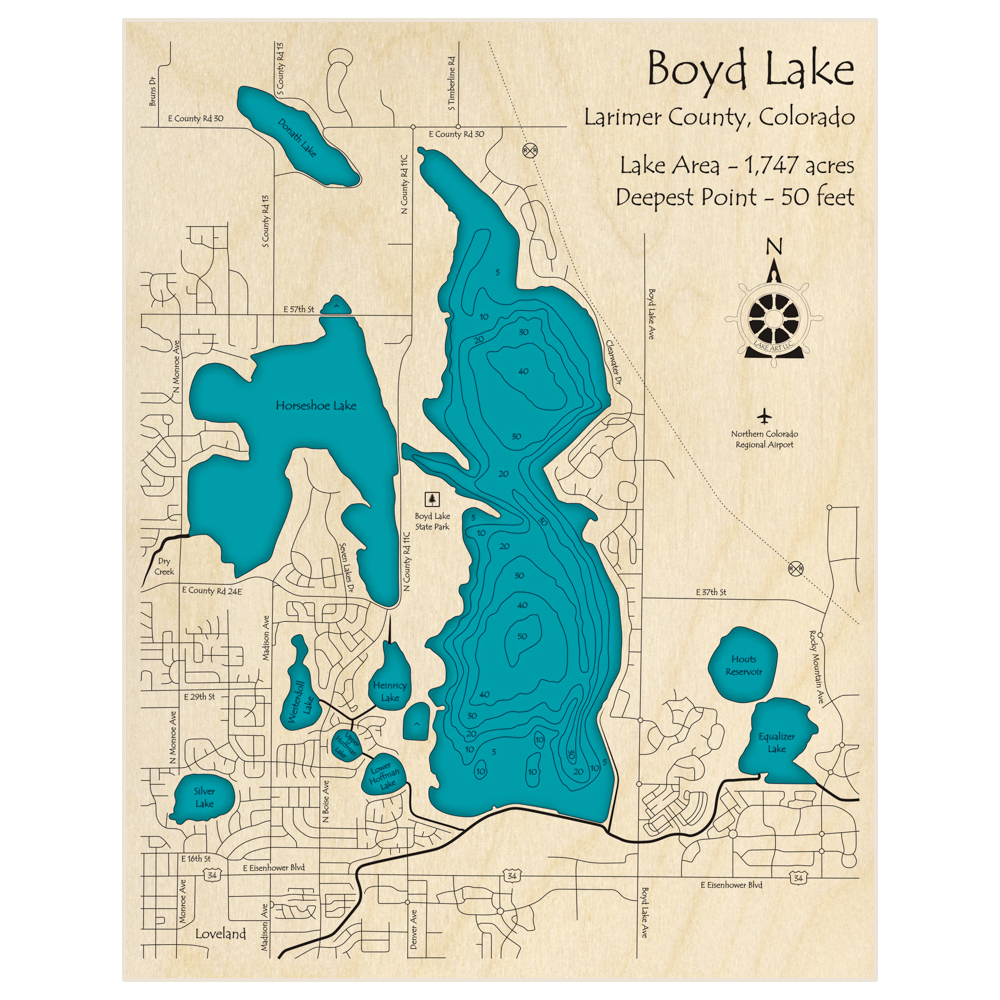 Bathymetric topo map of Boyd Lake with roads, towns and depths noted in blue water