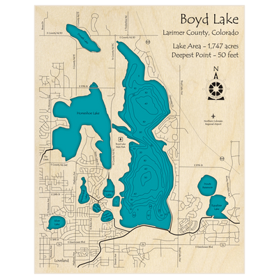 Bathymetric topo map of Boyd Lake with roads, towns and depths noted in blue water