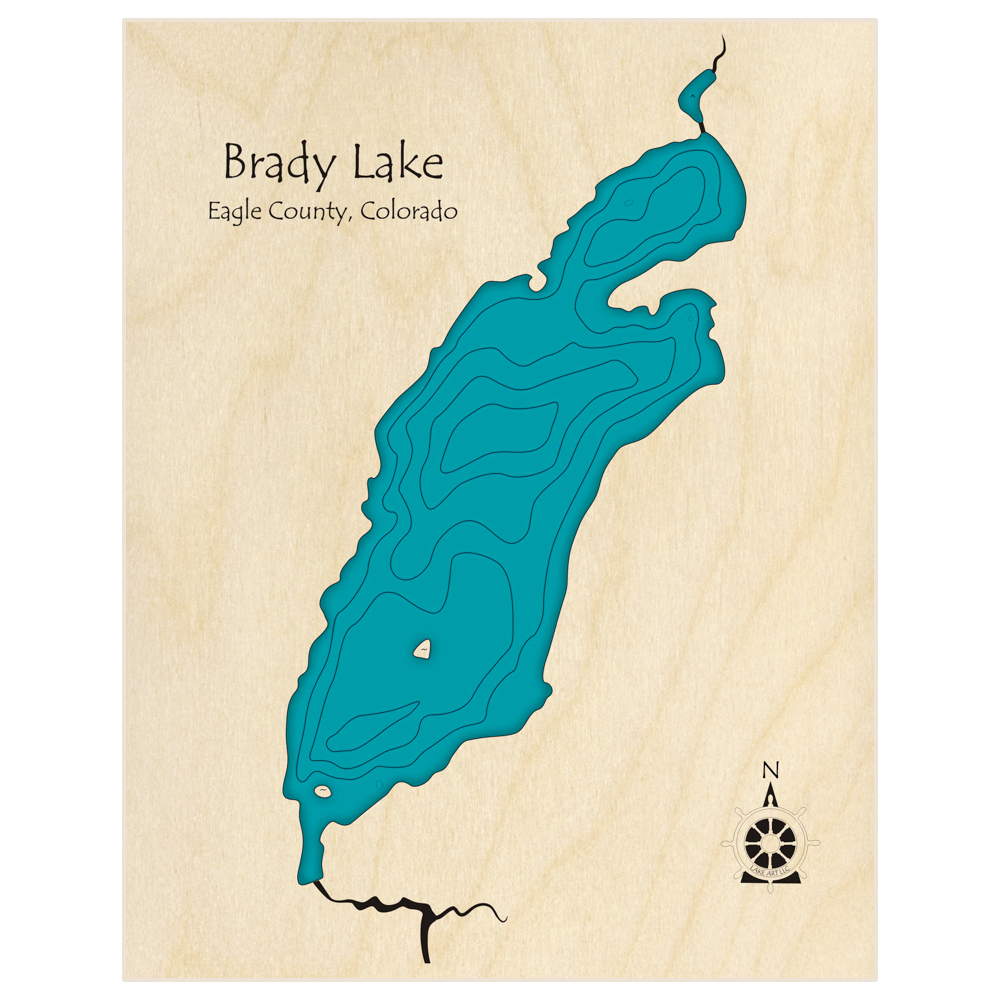 Bathymetric topo map of Brady Lake  with roads, towns and depths noted in blue water