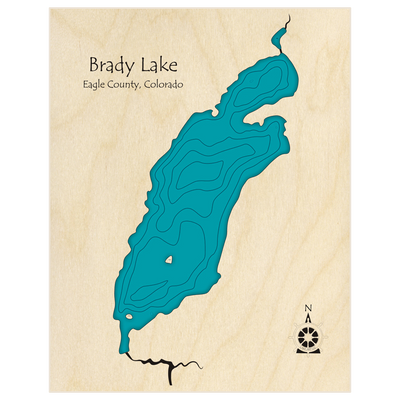 Bathymetric topo map of Brady Lake  with roads, towns and depths noted in blue water