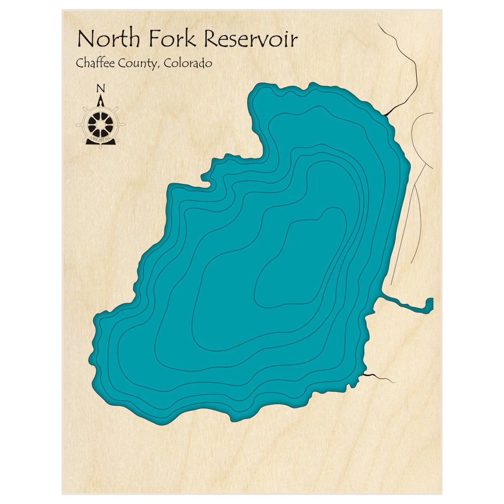 Bathymetric topo map of Cheesman Reservoir  with roads, towns and depths noted in blue water
