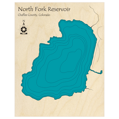 Bathymetric topo map of Cheesman Reservoir  with roads, towns and depths noted in blue water