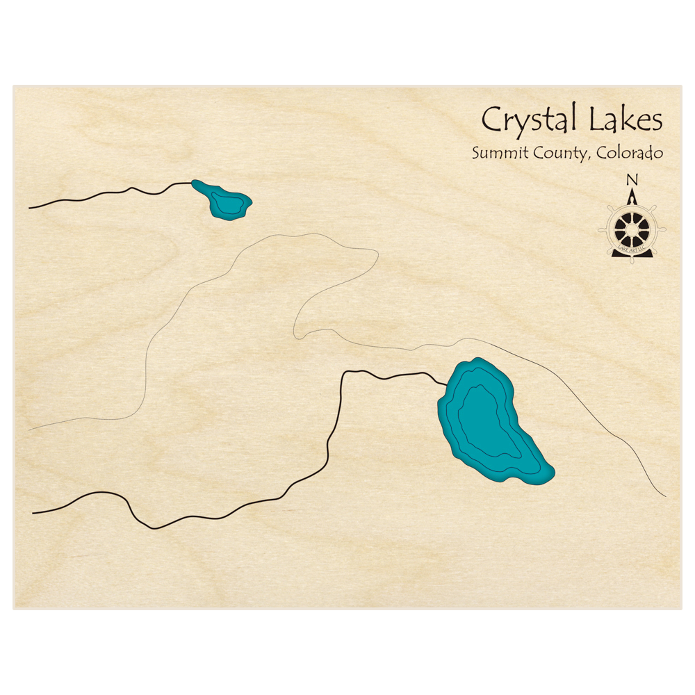 Bathymetric topo map of Crystal Lakes with roads, towns and depths noted in blue water