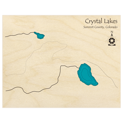 Bathymetric topo map of Crystal Lakes with roads, towns and depths noted in blue water